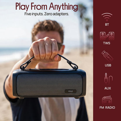 Pyle 2.0Ch Portable Bluetooth Speaker With Tws Function, Fm Radio, A2Dp, Hd Audio, Rgb Led Lights, And Shockproof Design (Black)