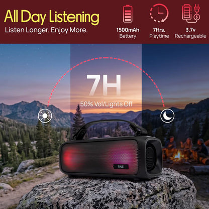 Pyle 2.0Ch Portable Bluetooth Speaker With Tws Function, Fm Radio, A2Dp, Hd Audio, Rgb Led Lights, And Shockproof Design (Black)