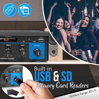 Mini Bluetooth Stereo Amplifier - 150W Power, RCA Input, Blue LED Display