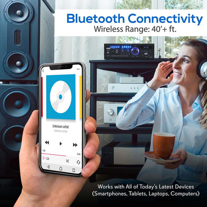 Wireless Bluetooth Stereo Amplifier 240W Blue LED Display USB/SD/FM