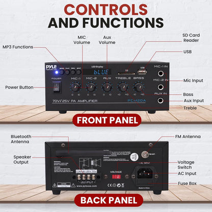 40W Compact PA Amplifier with Mic Inputs and Bluetooth