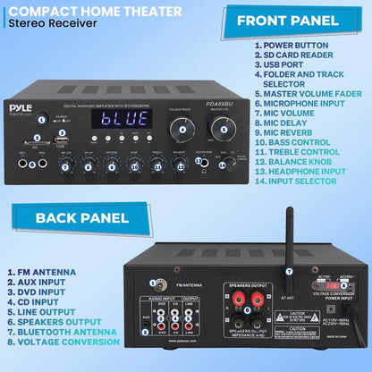Stereo Amplifier with Bluetooth, 300W HiFi Sound, Metal Panel