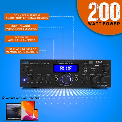 Wireless Stereo Amplifier 200W Bluetooth HDMI/FM Radio LCD Display