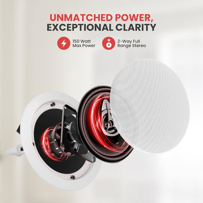 5.25" Ceiling Speakers Pair, 2-Way Stereo, Flush Mount, 150W, White