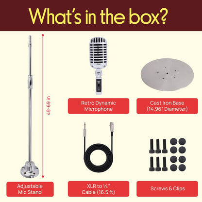 Retro Microphone with Stand, Dynamic Audio, Unidirectional, Silver Finish