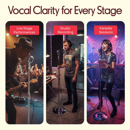Retro Microphone with Stand, Dynamic Audio, Unidirectional, Silver Finish