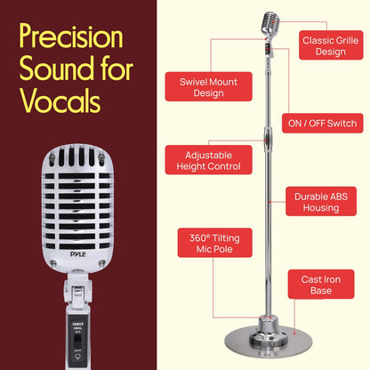 Retro Microphone with Stand, Dynamic Audio, Unidirectional, Silver Finish