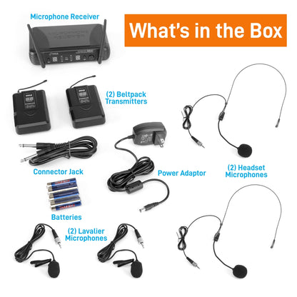 2 Channel Wireless Mic System - Portable UHF, 160' Range, 2 Headsets, 2 Lavalier