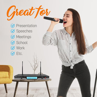 Dual UHF Wireless Microphone System 200' Range LCD Display Rack Mountable