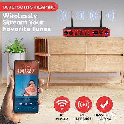UHF Wireless Microphone System 165ft Range Bluetooth Red