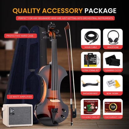 Silent Electric Violin with Accessory Kit, 10W Amplifier, Headphone, Extra Set of String (Sunburst)