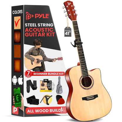 Beginner Acoustic Guitar Kit, 4/4 Full Size All Wood Instrument, 41" Natural, Premium Kit