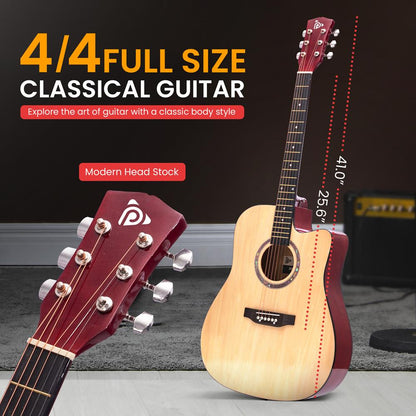 Beginner Acoustic Guitar Kit, 4/4 Full Size All Wood Instrument, 41" Natural, Premium Kit