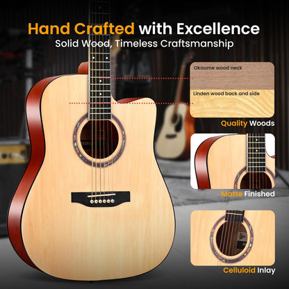 Beginner Acoustic Guitar Kit, 4/4 Full Size All Wood Instrument, 41" Natural, Premium Kit