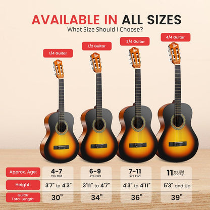 Beginner Acoustic Guitar Kit, 34" Sunburst, All Wood, Kids/Adults