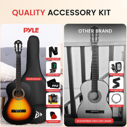Beginner Acoustic Guitar Kit, 34" Sunburst, All Wood, Kids/Adults