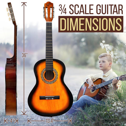 Acoustic Guitar Kit 3/4 Size for Beginners, All Wood, Sunburst