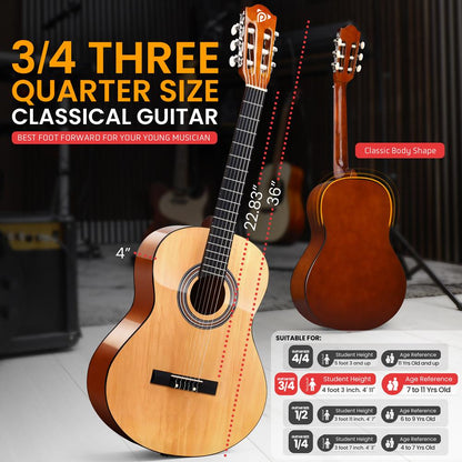 36" Classical Guitar, Warm Sound, Nylon Strings, Natural Finish