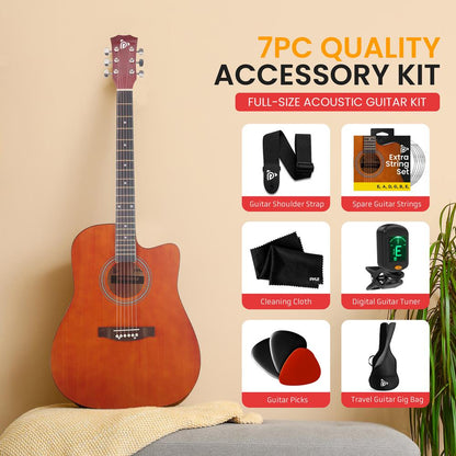 Acoustic Guitar Kit, Easy Play, Cutaway Design, 41" Brown Glossy