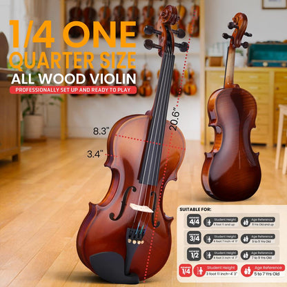1/4 Size Violin Starter Kit, Ready to Play, Plywood Body, Wood Grain