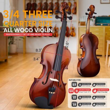 3/4 Size Violin Starter Kit, Ready to Play, Plywood Body, Wood Grain