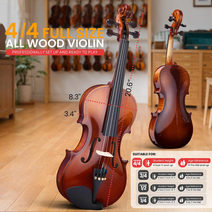 Full Size Violin Starter Kit, Ready to Play, Wood Grain, Includes Case & Bow