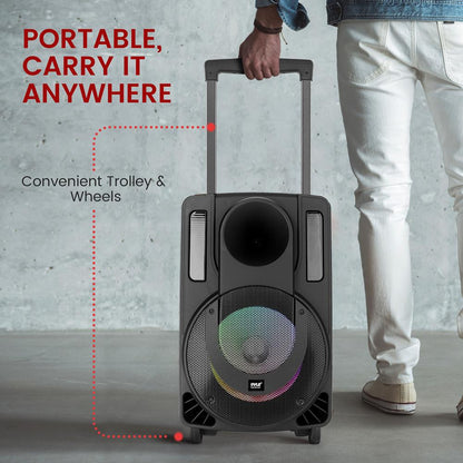 15" Portable PA Speaker, Karaoke, Bluetooth, LED Lights, 680W, 2 Mics