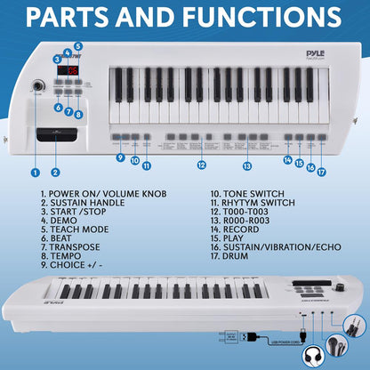 Electric Piano 37-Key Rechargeable Stereo Speakers White
