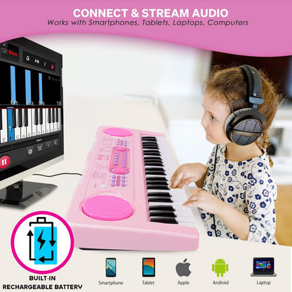 49-Key Karaoke Keyboard Piano, Rechargeable, Pink, Includes Microphone
