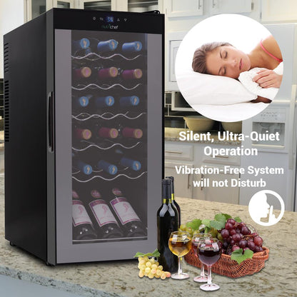 18 Bottle Wine Fridge, Adjustable Temp, Quiet, Glass Door, 30x13x17 IN