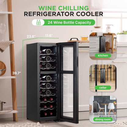 24 Bottle Wine Cooler, Dual Zone, Adjustable Temp, Ultra Quiet, Glass Door
