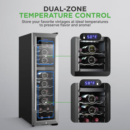 24 Bottle Wine Cooler, Dual Zone, Adjustable Temp, Stainless Steel Handle