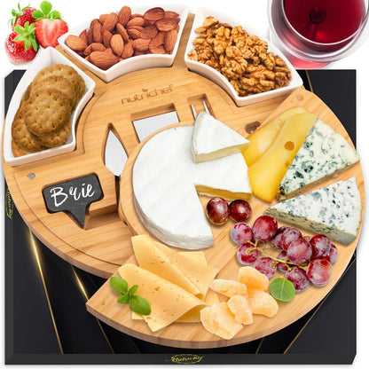 Bamboo Cheese Board Set, Extra Large, 13" Round, Includes Knives & Bowls