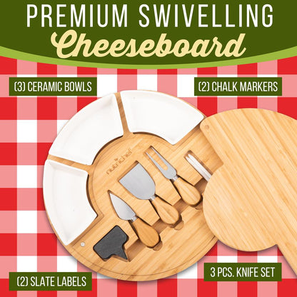 Bamboo Cheese Board Set, Extra Large, 13" Round, Includes Knives & Bowls