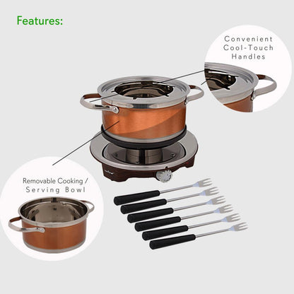 Electric Fondue Maker 1000W Nonstick Stainless Steel Pot w/Forks