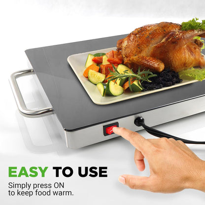 Electric Warming Tray Keeps Food Hot 16.5"x11" Glass Top Stainless Steel