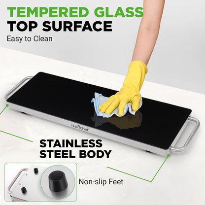 Electric Food Warmer Tray - Keeps Food Warm, Stainless Steel, Glass Top