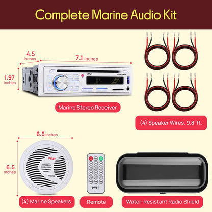 Marine Stereo Kit, Hands-Free Bluetooth, 4 Waterproof Speakers, White