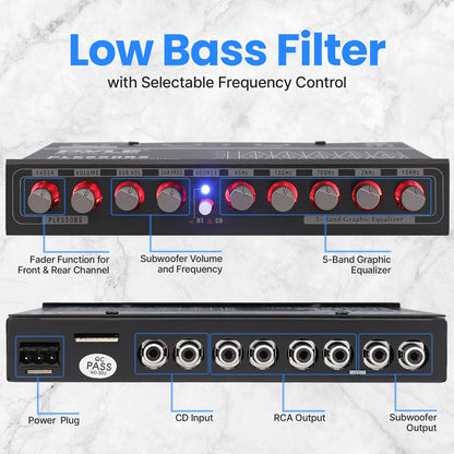 5-Band Car Equalizer Bluetooth Wireless Streaming RCA Inputs Blue LED