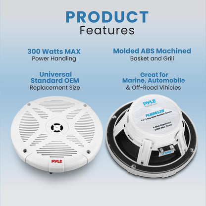 6.5" Marine Speakers Pair, 600W Waterproof, 2-Way Stereo, White