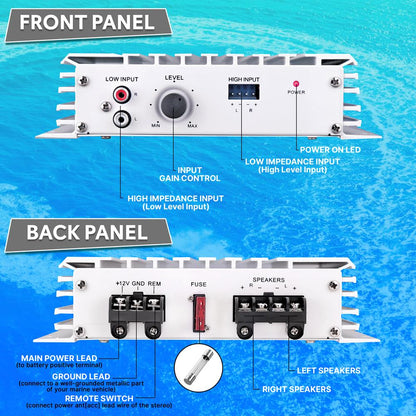 Marine Amplifier 240W Waterproof 4-Channel Aluminum Heatsink