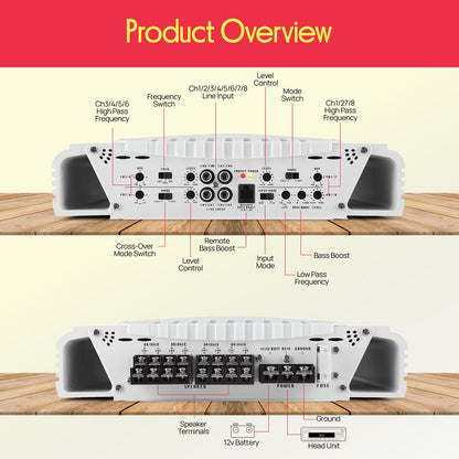 3000W Marine Bluetooth Amplifier, Waterproof, 8-Channel, Aluminum Alloy