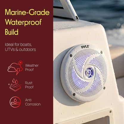 Marine Speakers Waterproof 180W LED Lights Low-Profile 5.25" Pair