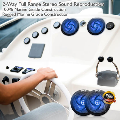 Marine Waterproof Speakers 6.5" - 240W, LED Lights, Slim Style, Blue