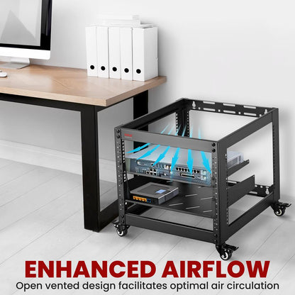 10U Open Frame Server Rack - Heavy-Duty Steel, Lockable Wheels, 440 lbs Capacity