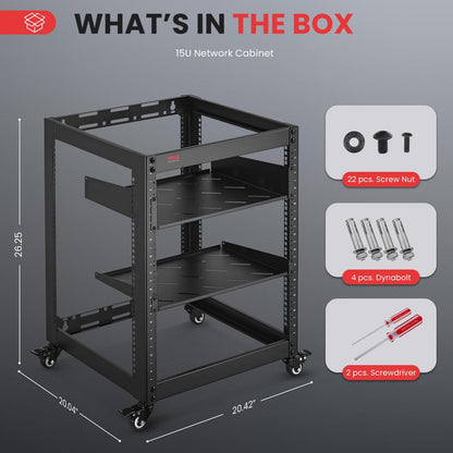 15U Network Cabinet - Open Frame Rack, Wall Mountable Heavy Duty Designs For Servers & Av Gear (Black)