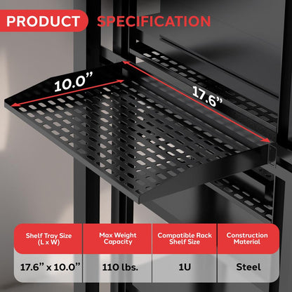 1U Server Rack Shelf, Ventilated Steel, 110 lbs Capacity