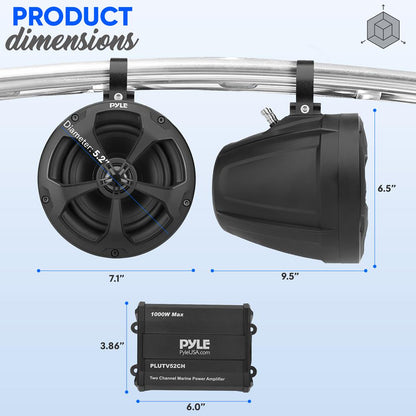 Marine Speakers 1000W Waterproof 5.25" 2-Ch Amp IP-X45