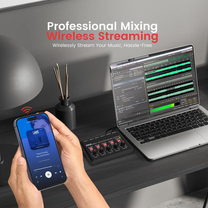 4-Channel Bluetooth Mixer - Wireless Streaming - USB-C Sound Card - Compact