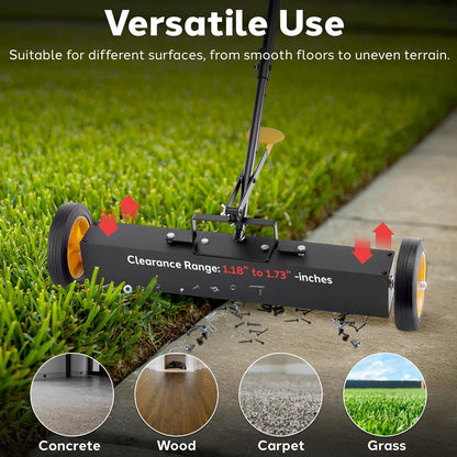 24" Rolling Magnetic Sweeper, Heavy-Duty Metal, Adjustable Handle, Orange